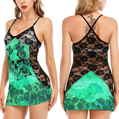 Green Gothic Rose Skull Black Lace Sleepwears Babydol Dresses - Wonder Skull