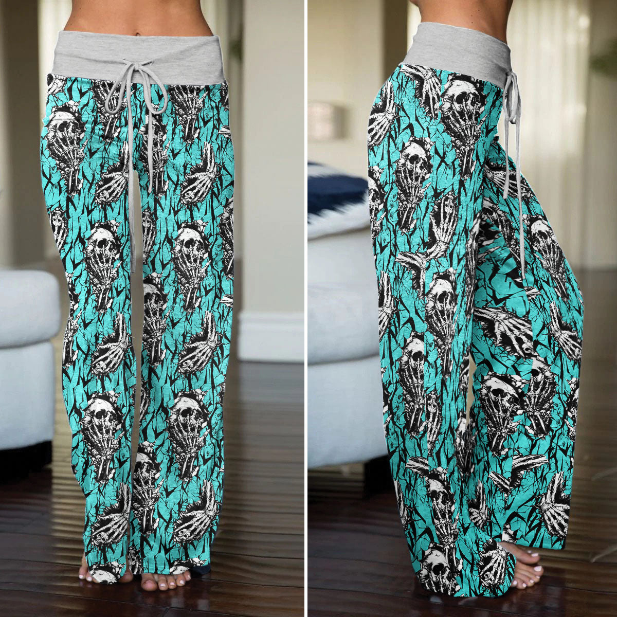 Cyan Skull Pattern Women's High-waisted Wide Leg Pants | Wonder Skull