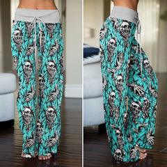 Cyan Skull Pattern Women's High-waisted Wide Leg Pants | Wonder Skull