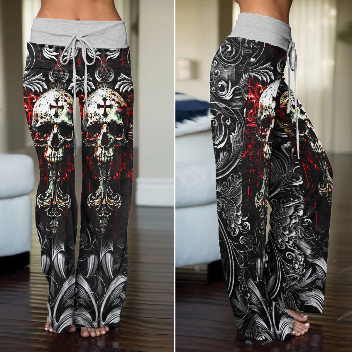 Red Cross Skull Art Women's High-waisted Wide Leg Pants | Wonder Skull