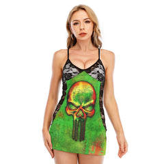 Holographic Green Skull Art Women's Black Lace Babydolls Nightgowns | Women Sleepwear Babydoll, Nightgowns
