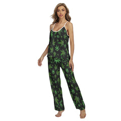 Green Skull Leaf Pattern Cami Pajamas Sets For Women Sleepwears Combo