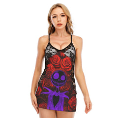 Purple Skeleton Rose Women's Black Lace Cami Dress Babydolls Nightgowns