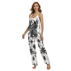 Black Couple Leaf Art Cami Pajamas Sets For Women Sleepwears Combo