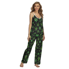 Green Skull Leaf Pattern Cami Pajamas Sets For Women Sleepwears Combo