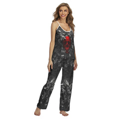 Red Skull Leaf Gothic Cami Pajamas Sets For Women Sleepwears Combo