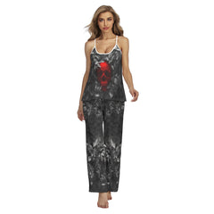 Red Skull Leaf Gothic Cami Pajamas Sets For Women Sleepwears Combo