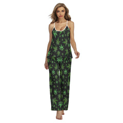 Green Skull Leaf Pattern Cami Pajamas Sets For Women Sleepwears Combo