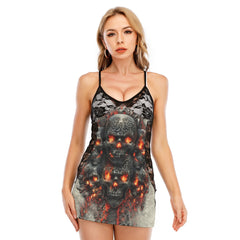 Gothic Fire Skulls Women's Black Lace Babydolls Nightgowns | Women Sleepwear Babydoll, Nightgowns