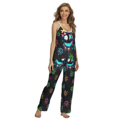 Neon Skull Leaf Pattern Cami Pajamas Sets For Women Sleepwears Combo