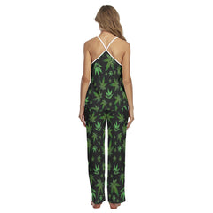 Green Skull Leaf Pattern Cami Pajamas Sets For Women Sleepwears Combo