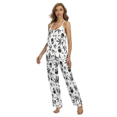 Black Skull Leaf Pattern Cami Pajamas Sets For Women Sleepwears Combo