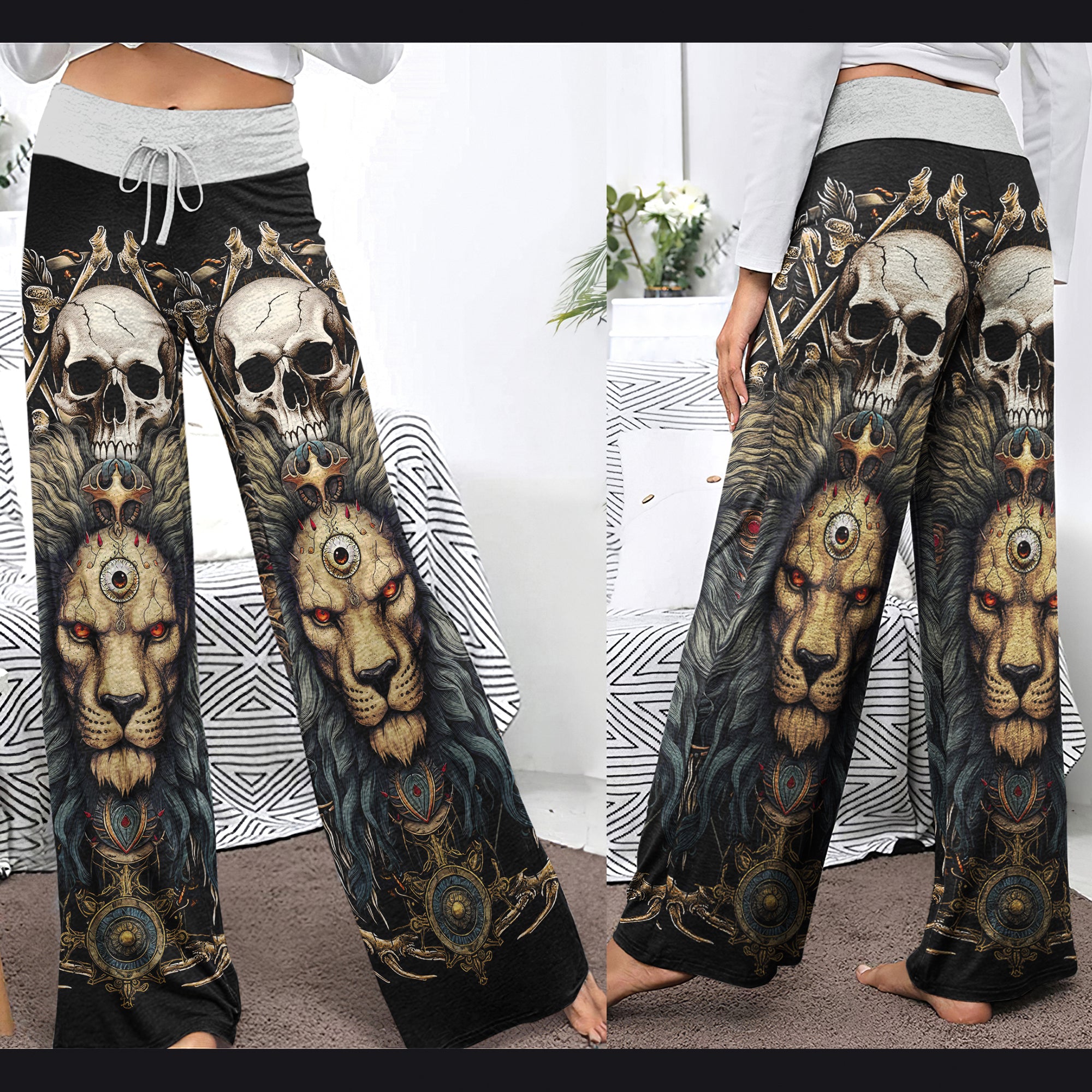 Skull King Lion Art Women's High-waisted Wide Leg Pants | Wonder Skull