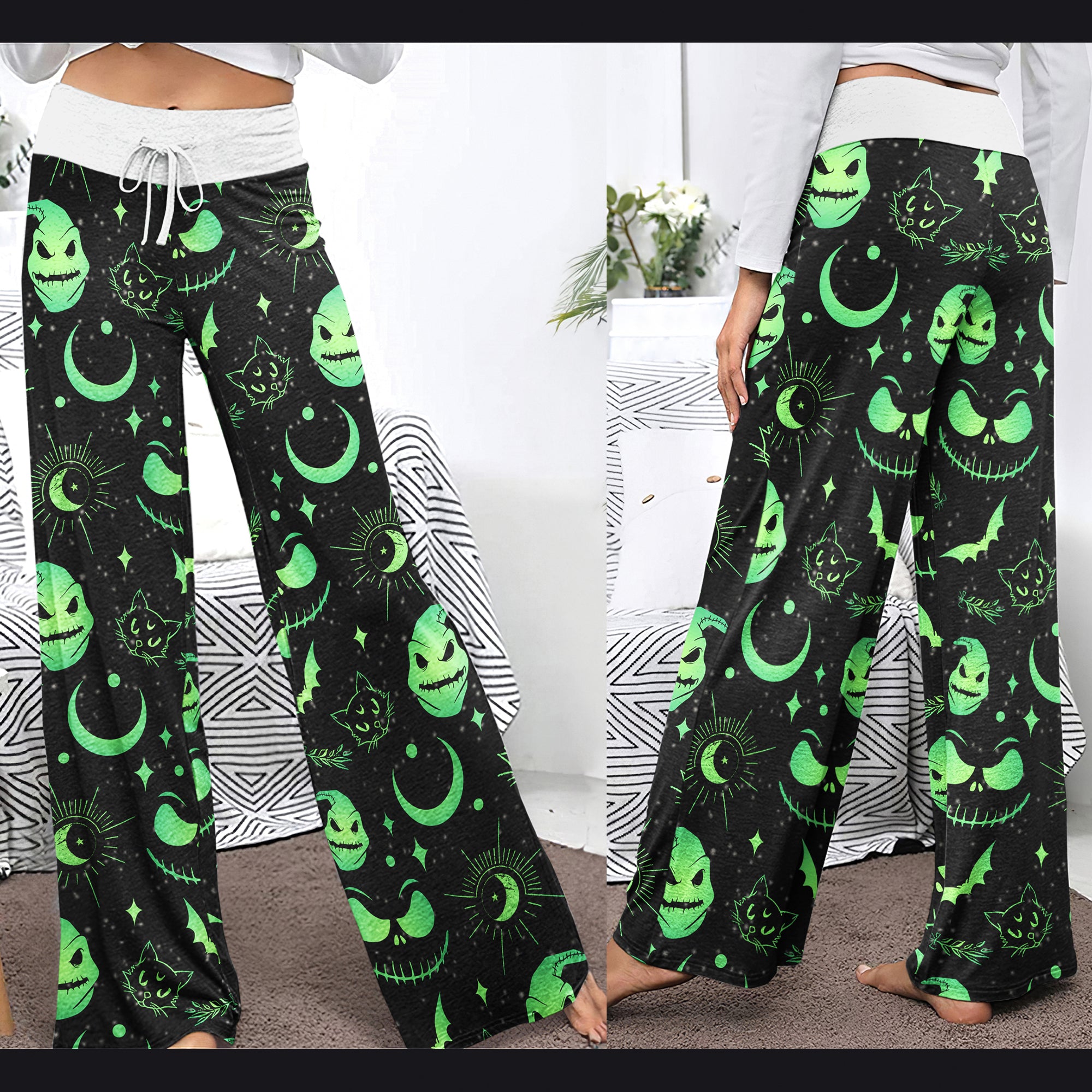 Black Green Christmas Theme Women's High-waisted Wide Leg Pants | Wonder Skull