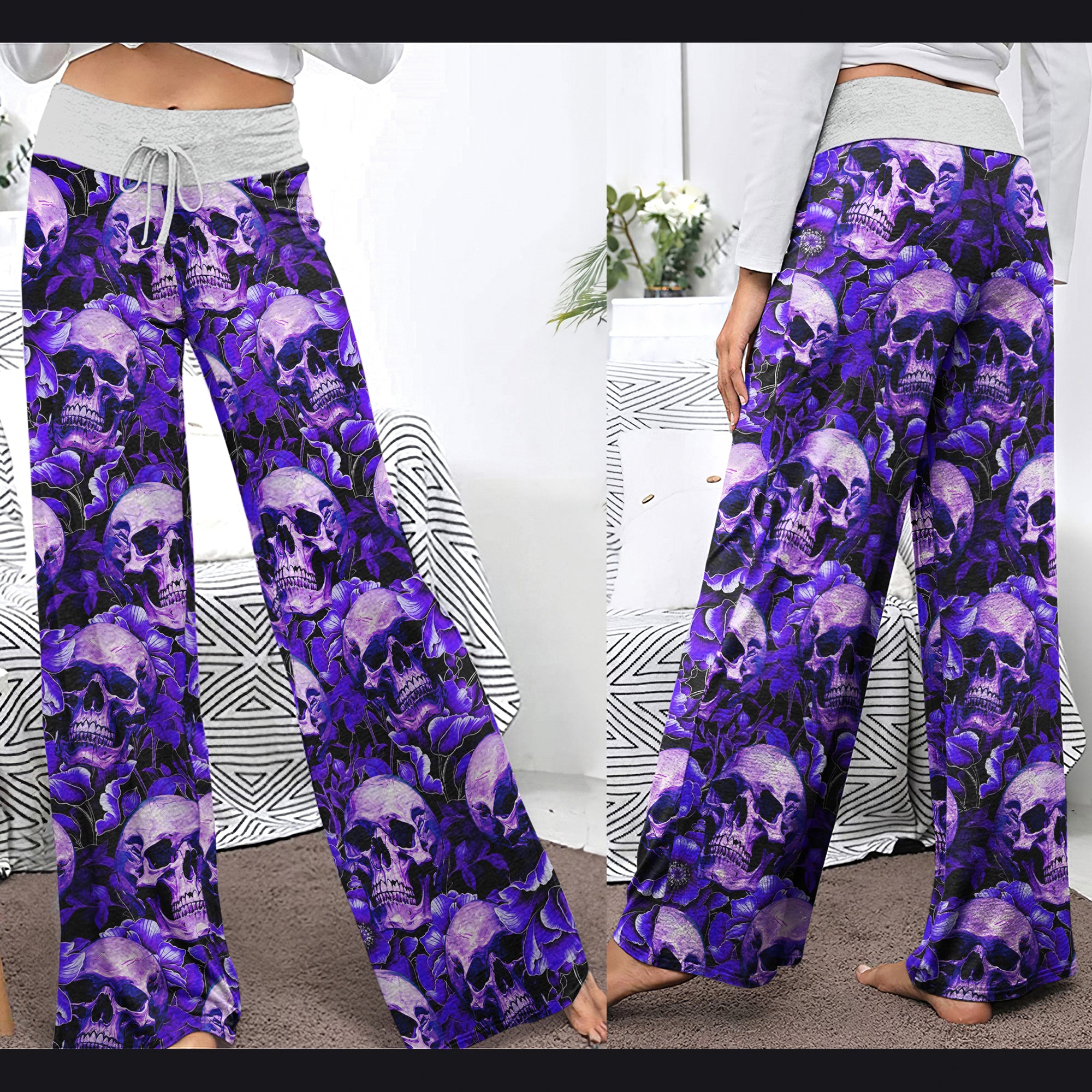 Violet Skull Flower Pattern Women's High-waisted Wide Leg Pants | Wonder Skull