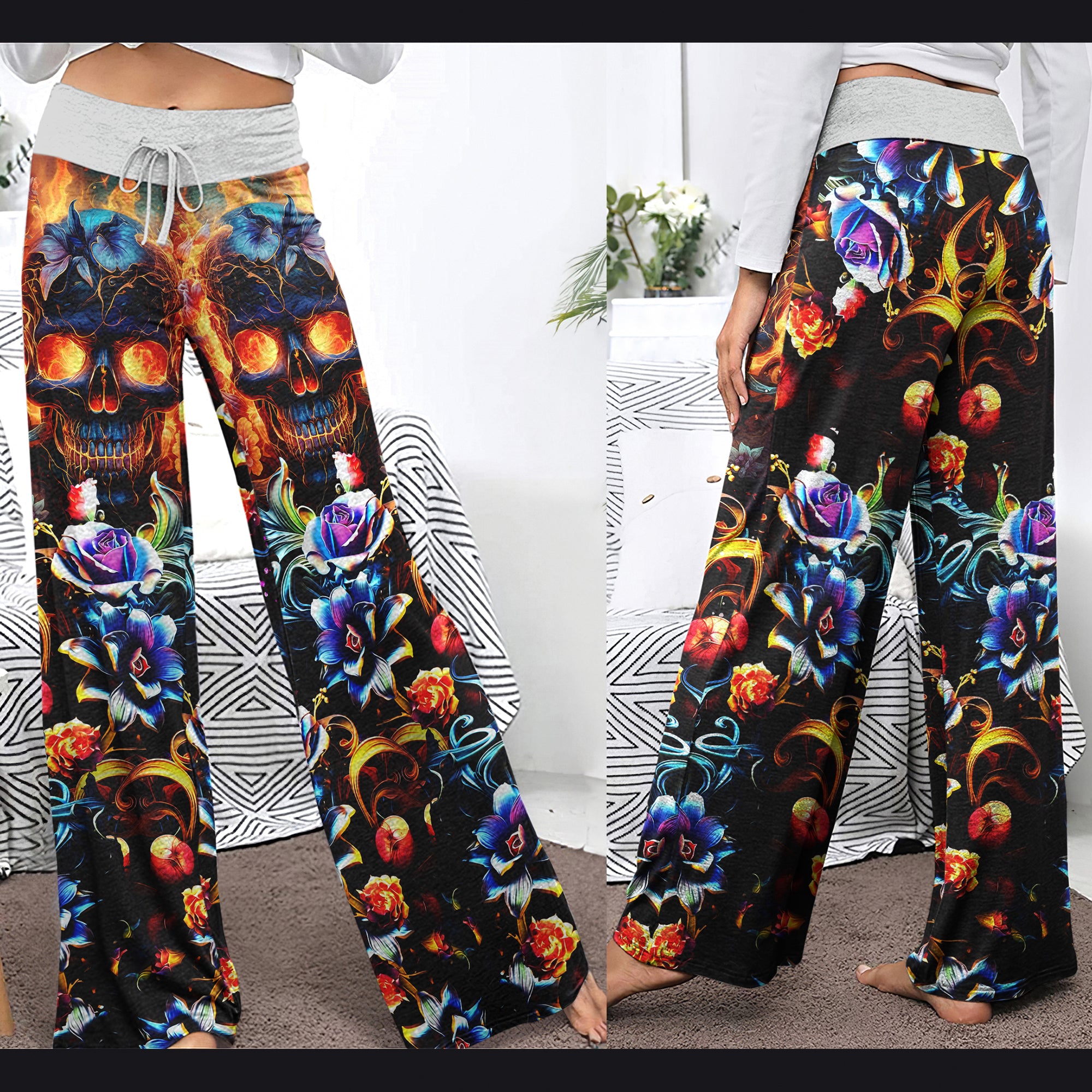 Fire Skull Floral Art Women's High-waisted Wide Leg Pants | Wonder Skull