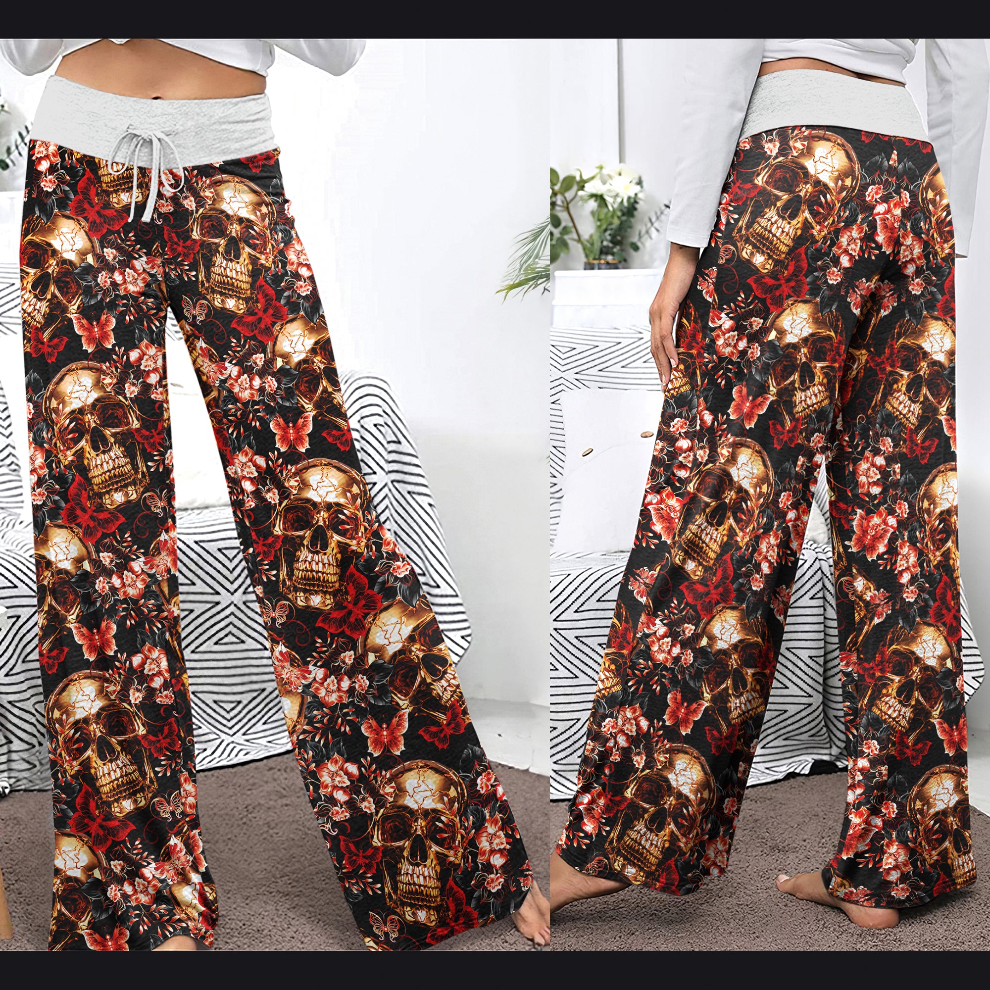 Skull Gold Abstract Art Women's High-waisted Wide Leg Pants | Wonder Skull
