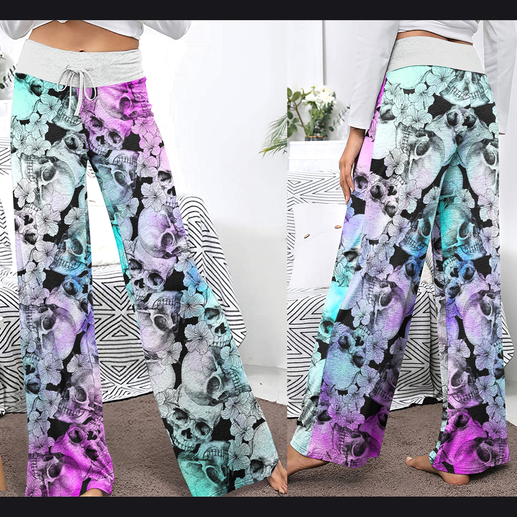 Blue Violet Gradient Skull Women's High-waisted Wide Leg Pants | Wonder Skull
