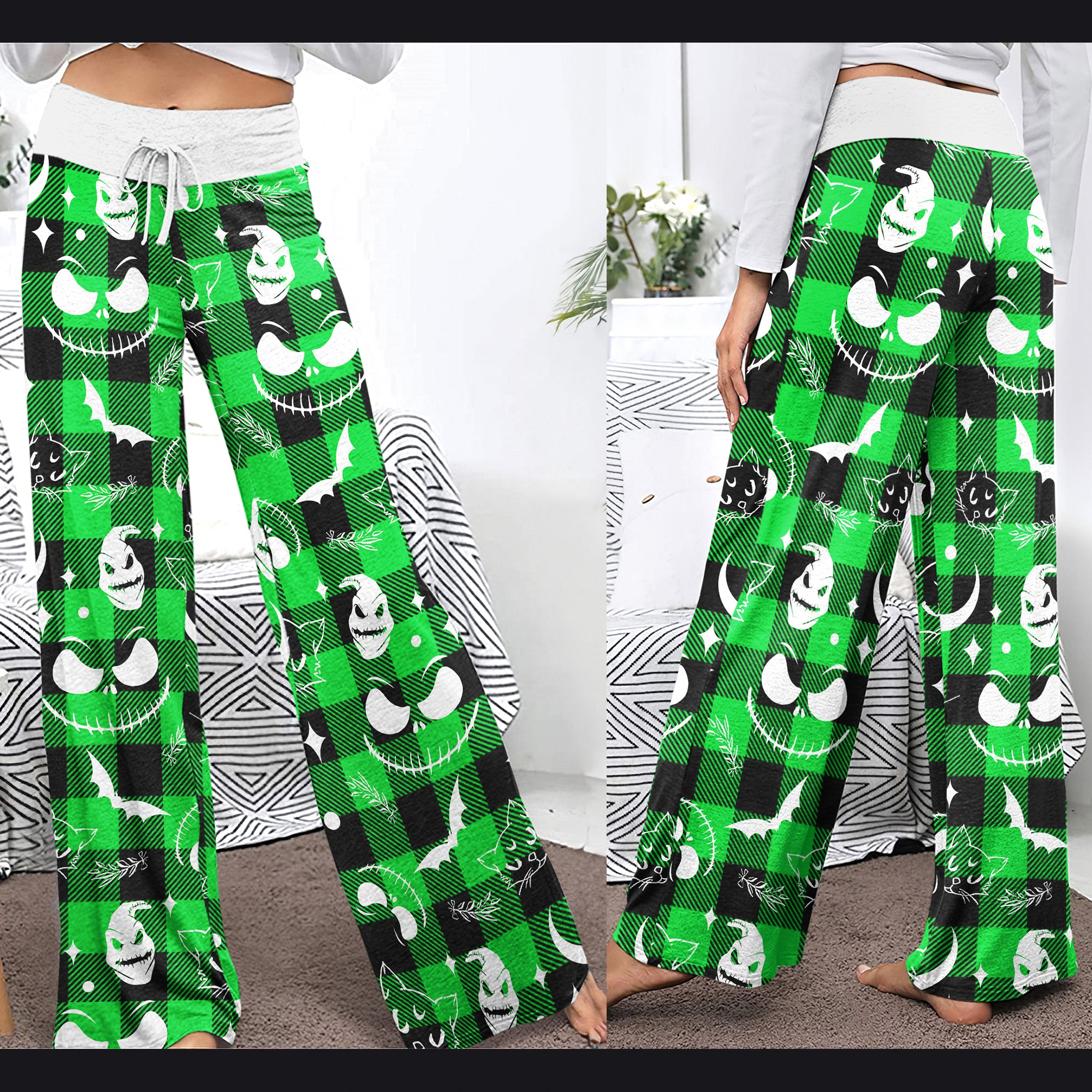 Green White Christmas Check Board Theme Women's High-waisted Wide Leg Pants | Wonder Skull