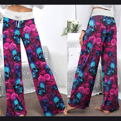 Blue Skull Rose Pink Women's High-waisted Wide Leg Pants | Wonder Skull