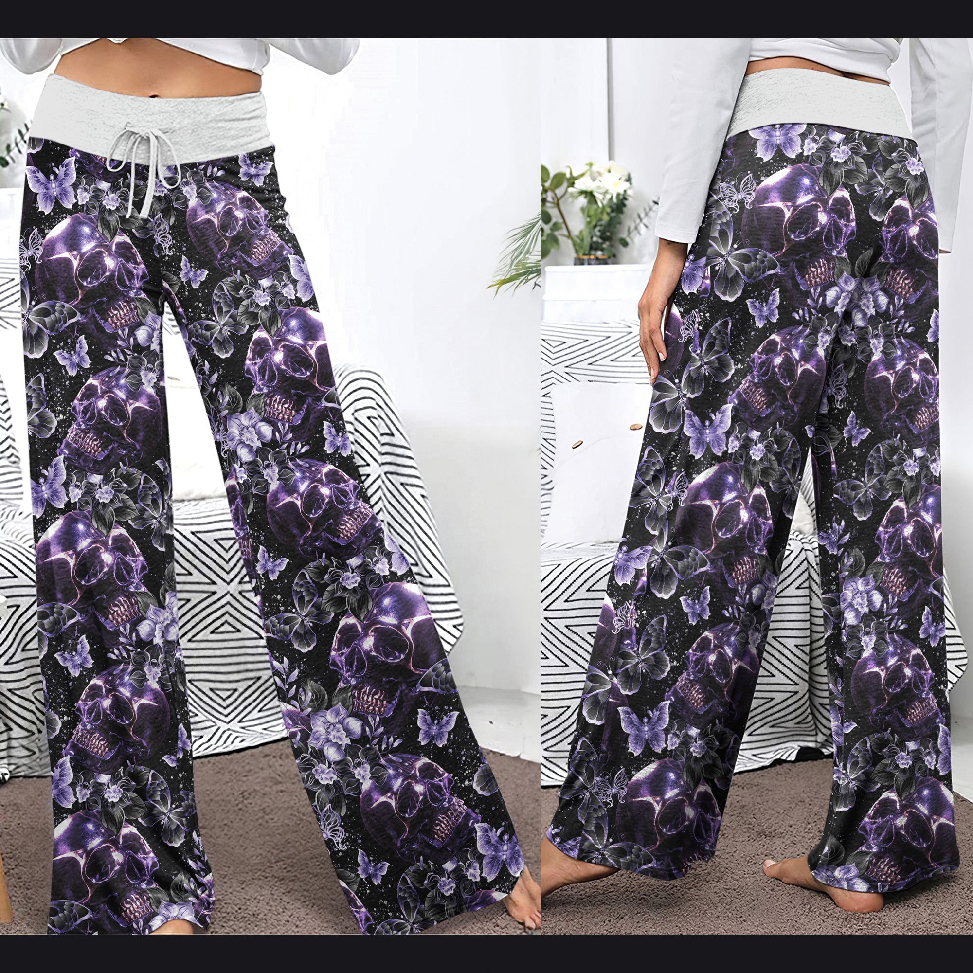 Dark Violet Skull Floral Women's High-waisted Wide Leg Pants | Wonder Skull