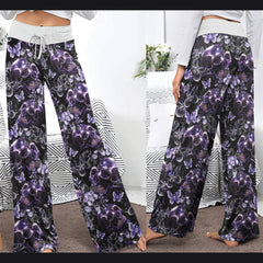 Dark Violet Skull Floral Women's High-waisted Wide Leg Pants | Wonder Skull