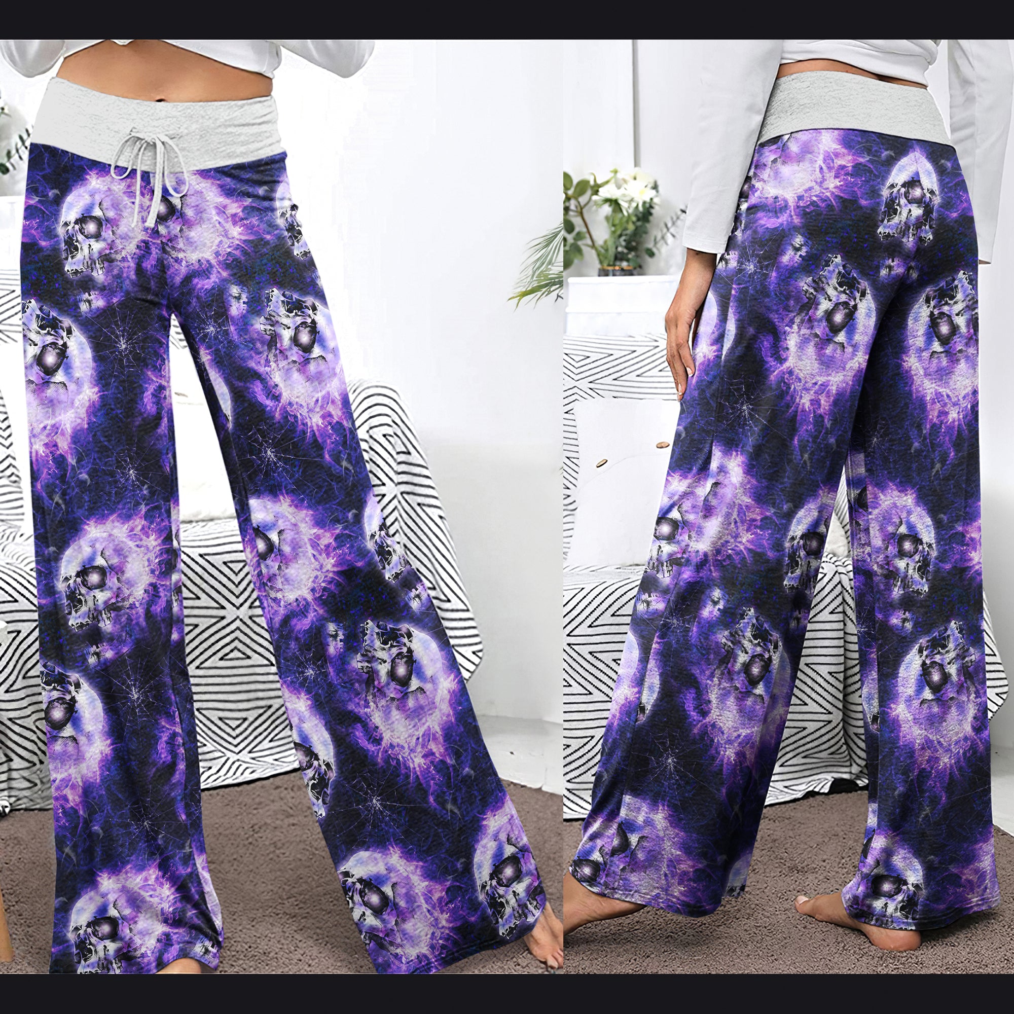 Skull Abstract Fire Purple Women's High-waisted Wide Leg Pants | Wonder Skull