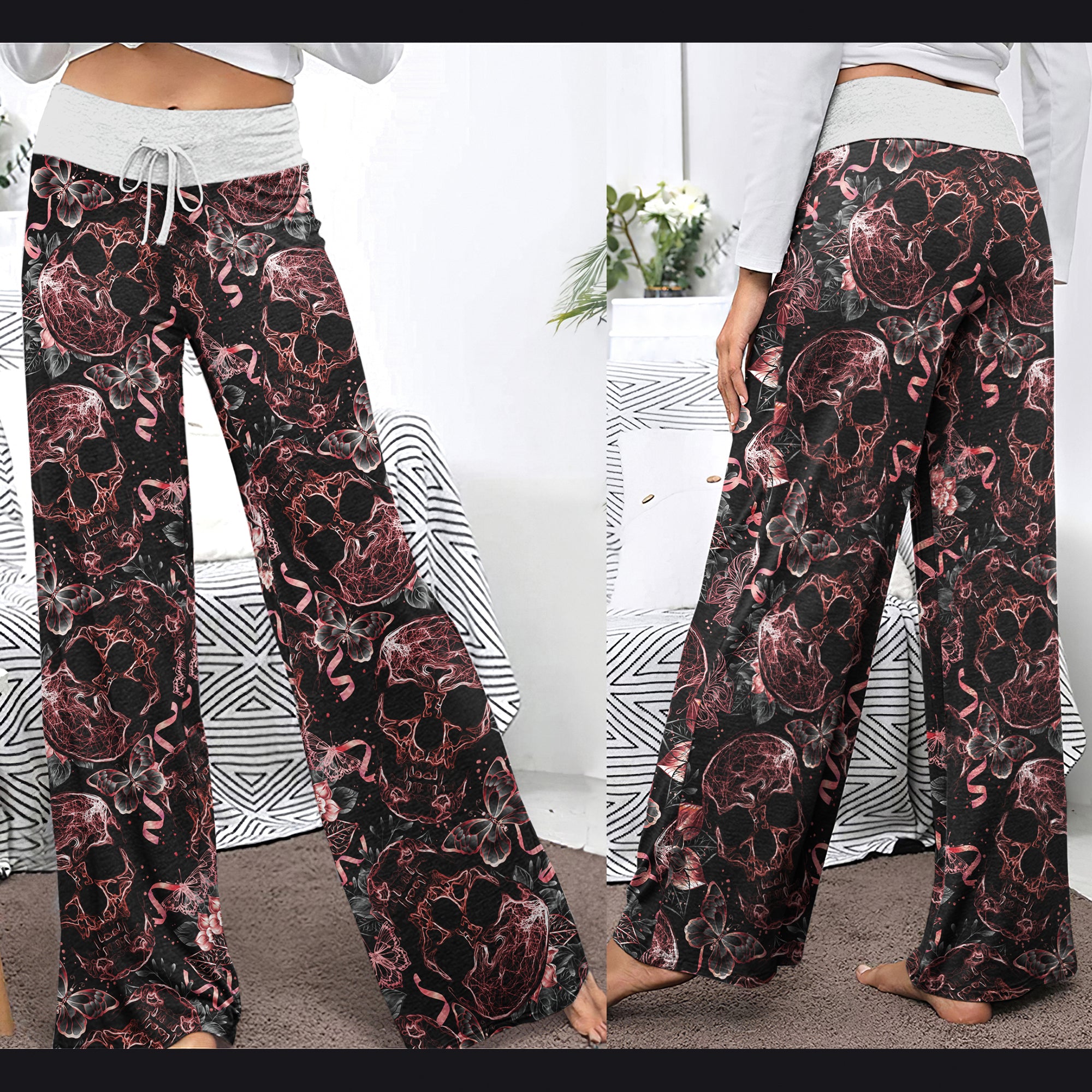 Skull Abstract Effect Butterfly Women's High-waisted Wide Leg Pants | Wonder Skull