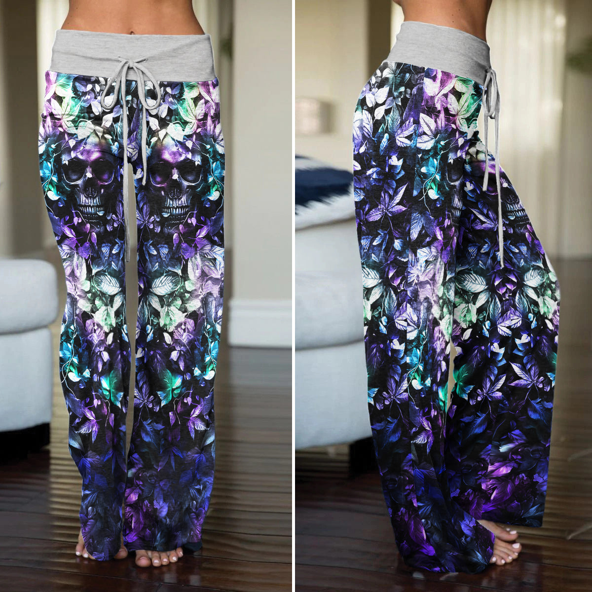 Abstract Skull Leaf Women's High-waisted Wide Leg Pants | Wonder Skull