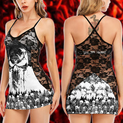 Black & White Skull Art Women's Black Lace Babydolls Nightgowns | Women Sleepwear Babydoll, Nightgowns
