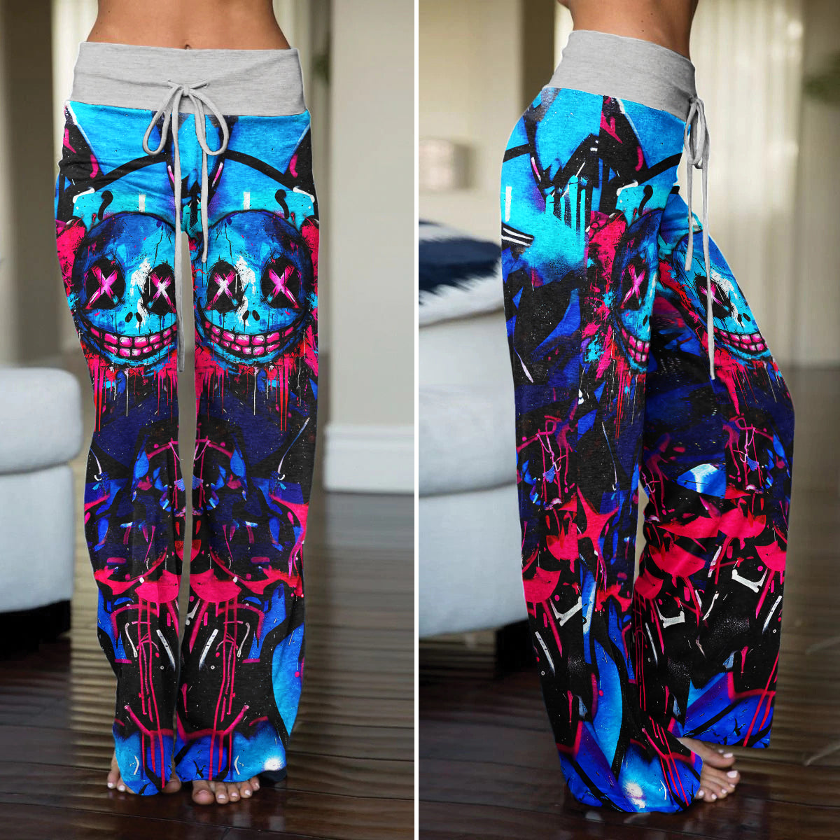 Blue Scary Graffiti Art Women's High-waisted Wide Leg Pants | Wonder Skull