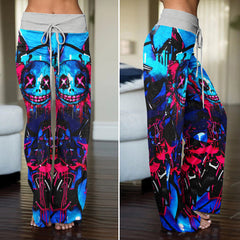 Blue Scary Graffiti Art Women's High-waisted Wide Leg Pants | Wonder Skull