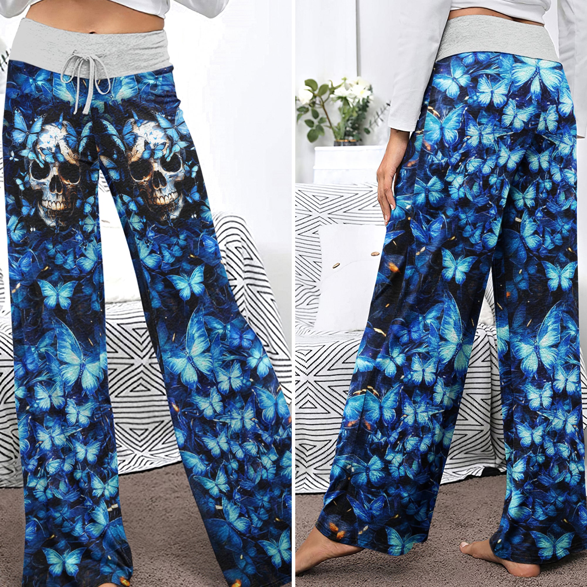 Blue Skull Butterfly Women's High-waisted Wide Leg Pants | Wonder Skull