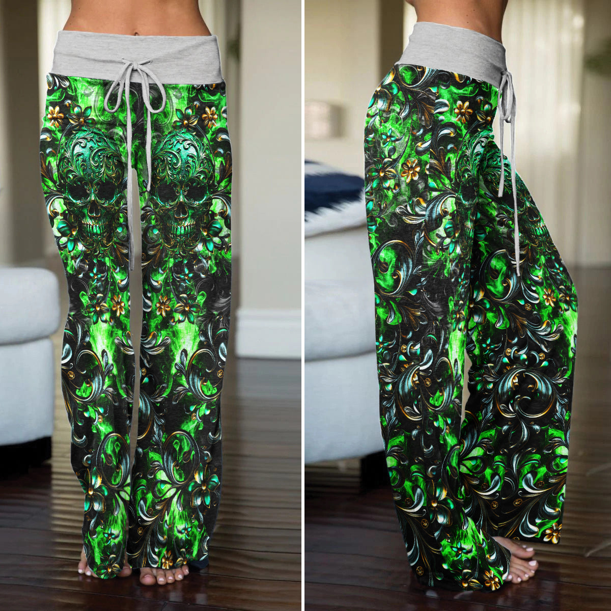 Green Filigree Skull Art Women's High-waisted Wide Leg Pants | Wonder Skull