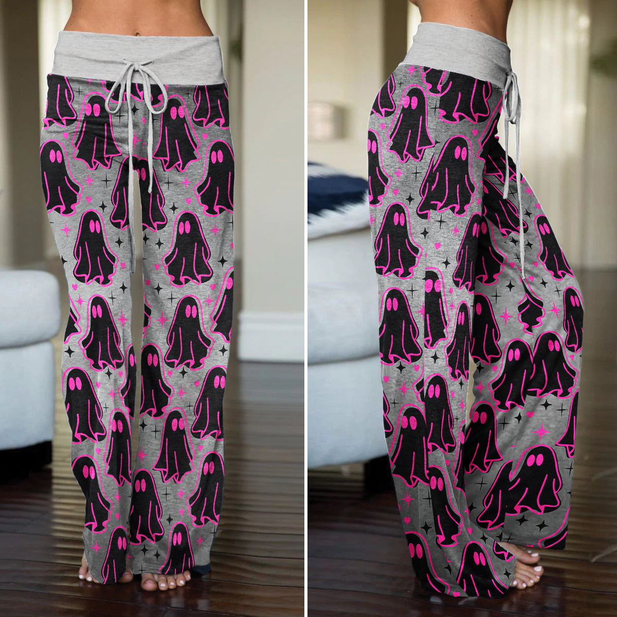 Pink Boo Pattern Women's High-waisted Wide Leg Pants | Wonder Skull