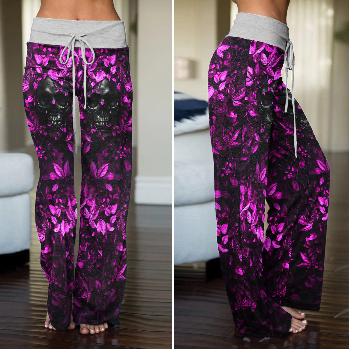 Pink Leaf Skull Art Women's High-waisted Wide Leg Pants | Wonder Skull