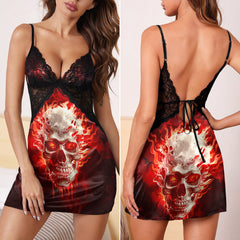 Hot Flaming Red Skull & Punkrock Women's Sleepwear | Lace Cami Dress Nightgowns
