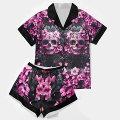 Pink Skull Flower Women's Pajama Sets Top Sleeve & Short Bottom