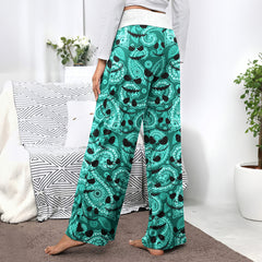 Cyan Whimsical Skull Paisley Women's High-waisted Wide Leg Pants