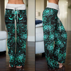Cyan Floral Nightmare Theme Women's High-waisted Wide Leg Pants | Wonder Skull