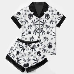 Black Skull Leaf Pattern Women's Pajama Sets Top Sleeve & Short Bottom