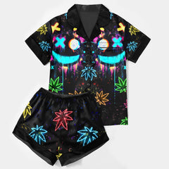 Neon Skull Leaf Art Women's Pajama Sets Top Sleeve & Short Bottom
