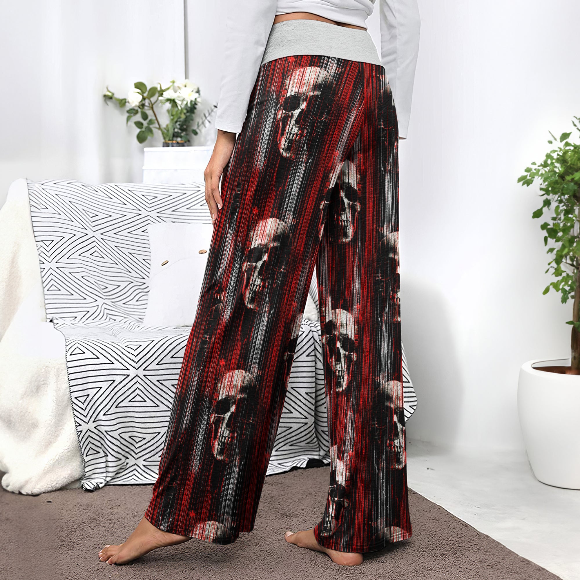 Red Horror Skull Pattern Women's High-waisted Wide Leg Pants | Wonder Skull
