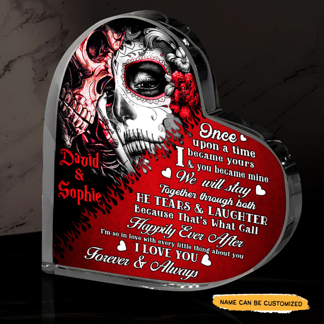 Happily Ever After - Customized Skull Couple Crystal Heart Anniversary Gifts