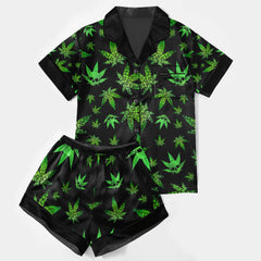 Green Skull Leaf Pattern Women's Pajama Sets Top Sleeve & Short Bottom
