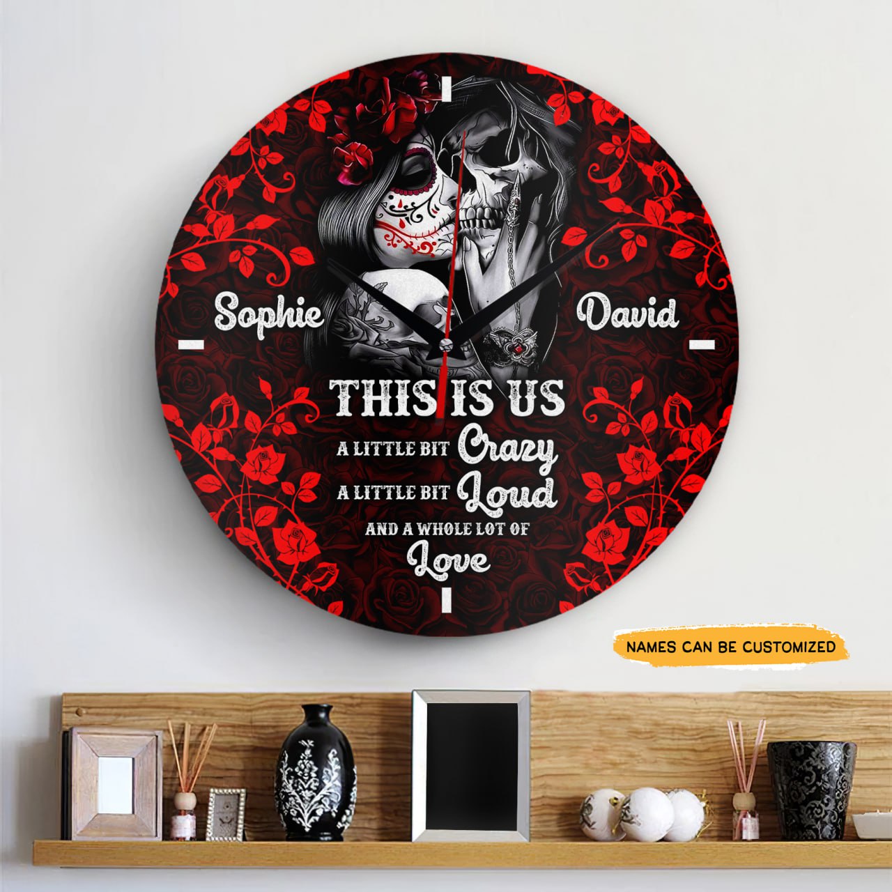 Skull Couple Floral Elegant engraved clock, a sentimental keepsake for your special occasion and enduring love.