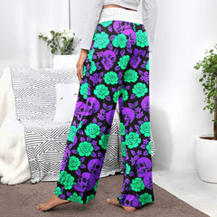 Neon Glowing Skulls Roses Women's High-waisted Wide Leg Pants