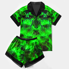 Green Faming Skull Women's Pajama Sets Top Sleeve & Short Bottom