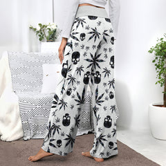 Black Skull Leaf Pattern Women's High-waisted Wide Leg Pants