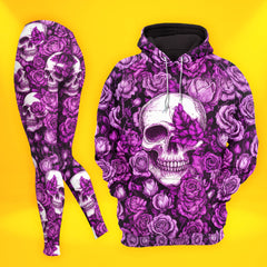 Women Hoodie and Leggings, Violet Gothic Skull Rose Outwear Pants Outfit